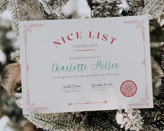 Nice List Official Certificate from Santa Claus | Editable Template