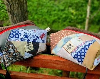 Patchwork Boxy Bag "Eldena-Flair", Unique Piece | Handmade cosmetic bag with wide-wale corduroy | Lined makeup bag with inner pocket