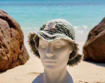PanaluDesign Unique Item – Children's crocheted sun hat, cotton blend with glitter thread, picot trim, girls 6–7 years, bucket hat