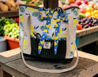 Picnic bag / shopping bag “Viva Fruit!”, quilted unique item with cheerful lemon pattern, suitable for rectangular shapes, tote bag, lemon