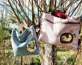 Project and document bag "Viva Landleben", A4 with fabric cutout and underlying rooster motif – unique item