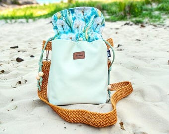 "Dandelion" shoulder bag, faux leather and outdoor fabric, light mint, braided strap