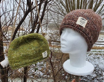 Hand-knitted wool hat, knitted with two strands of yarn, melange, earth tones: green, brown, unique piece – sizes S, M, L, textured