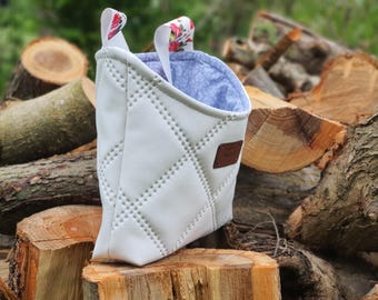 Hanging organizer, small storage container, faux leather with cotton, elastic band, various designs