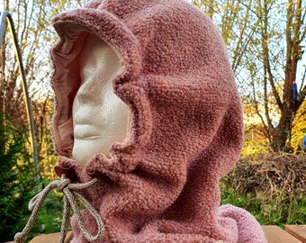 Handmade balaclava/storm hood made of teddy knit with wool content – ​​one size fits all (adults), pink or concrete grey