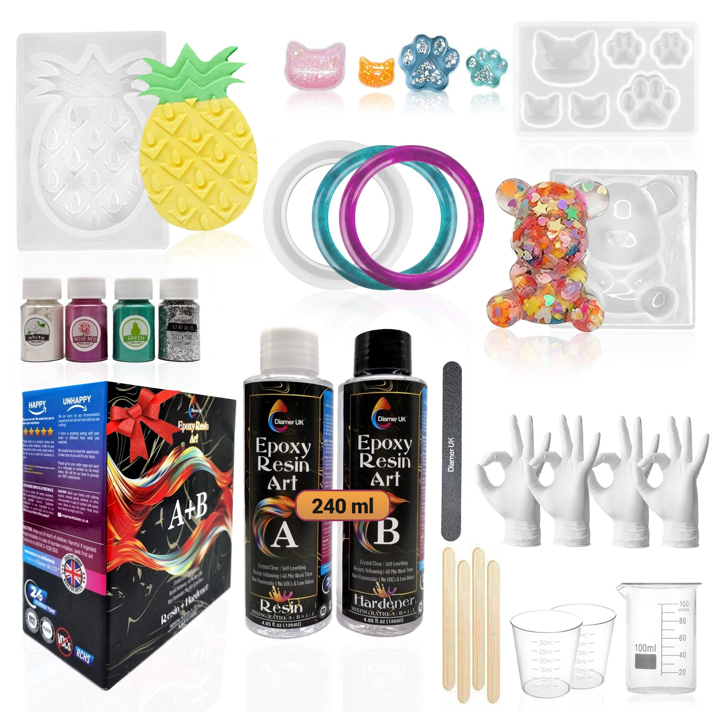 Diamer UK Epoxy Resin Kit for Beginners 240ml Easy Mix 1:1 Ratio Clear Resin  Starter Kit, Resin Kits for Beginners. All Accessories Included 