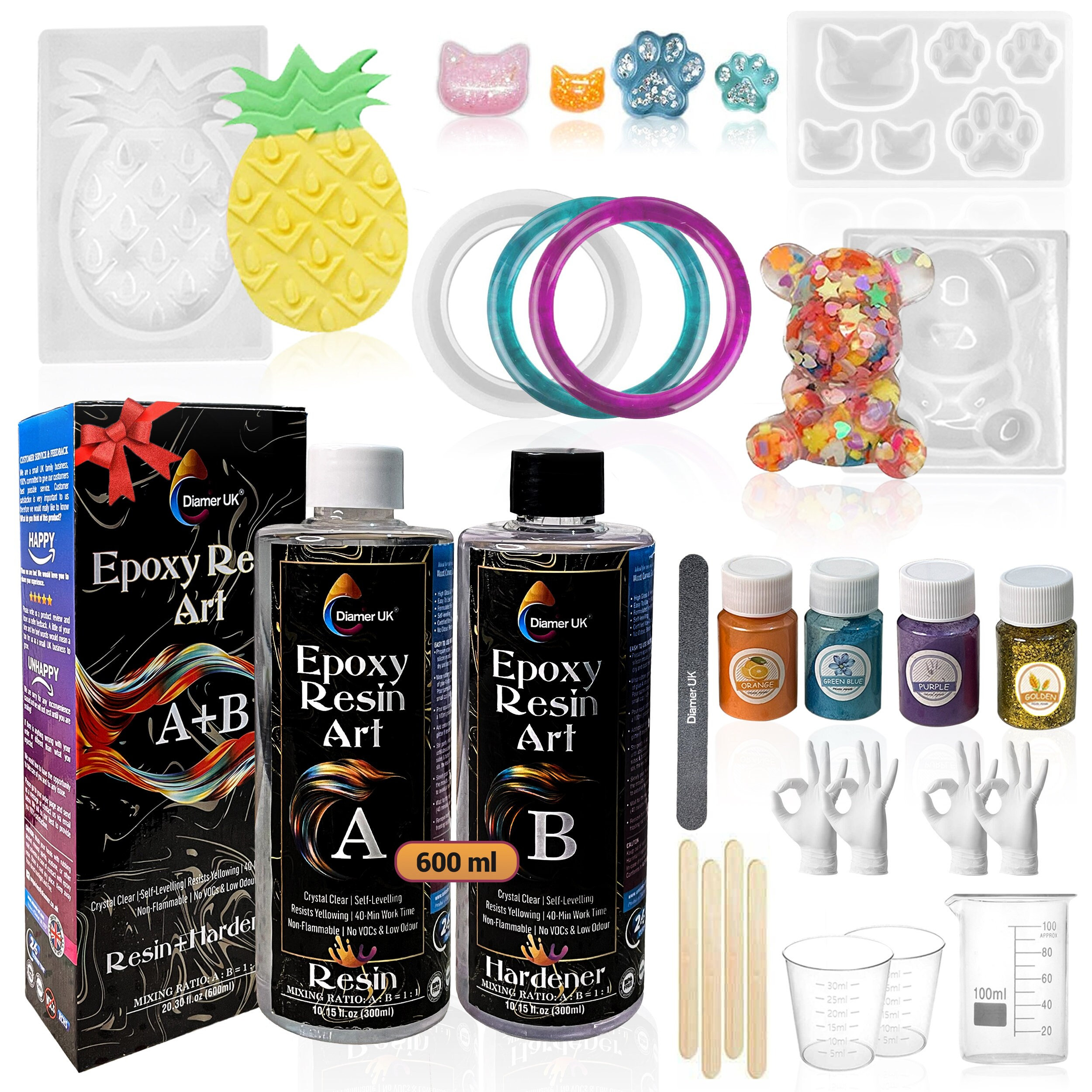 Diamer UK Epoxy Resin Kit for Beginners 600ml Easy Mix 1:1 Ratio Clear Resin  Starter Kit, Resin Kits for Beginners. All Accessories Included 