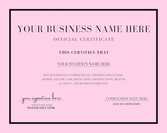 Plantilla editable de certificado de pestañas, certificado revendible en Canva (digital)