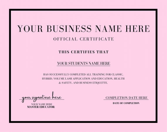 Editable Lash Certificate Template, Resellable Canva Certificate (Digital)