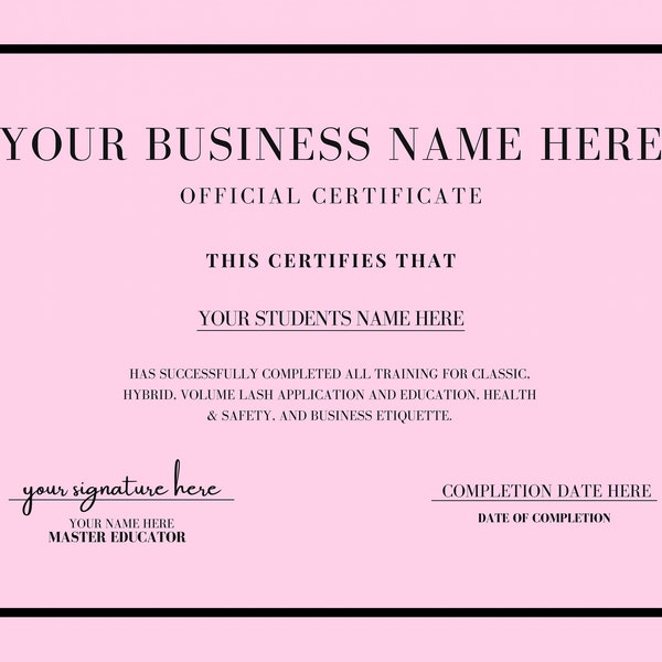 Editable Lash Certificate Template, Lash Student Certificate, Canva Editable Certificate, Lash Training Certificate, Esthetician Certificate