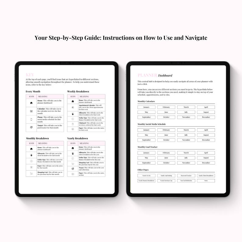 Op de afbeelding: Twee digitale tablets met plannerinstructies. De linkertablet toont een sleutel met pictogrammen en betekenissen voor maandelijkse, wekelijkse en jaarlijkse uitsplitsingen. De rechtertablet heeft een plannerdashboard met maandkalenders en social media-schema's.