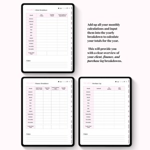 Op de afbeelding: Drie digitale plantemplates op zwarte tablets. De sjablonen bevatten secties voor klantuitsplitsing, financi&euml;le uitsplitsing en aankooplogboek. Tekst op de afbeelding luidt: "Tel al uw maandelijkse berekeningen op en voer ze in de jaarlijkse uitsplitsing in om uw totalen voor het jaar te berekenen."