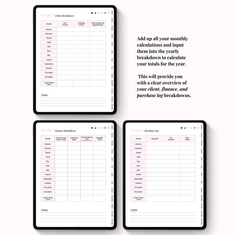 Op de afbeelding: Drie digitale plantemplates op zwarte tablets. De sjablonen bevatten secties voor klantuitsplitsing, financi&euml;le uitsplitsing en aankooplogboek. Tekst op de afbeelding luidt: "Tel al uw maandelijkse berekeningen op en voer ze in de jaarlijkse uitsplitsing in om uw totalen voor het jaar te berekenen."