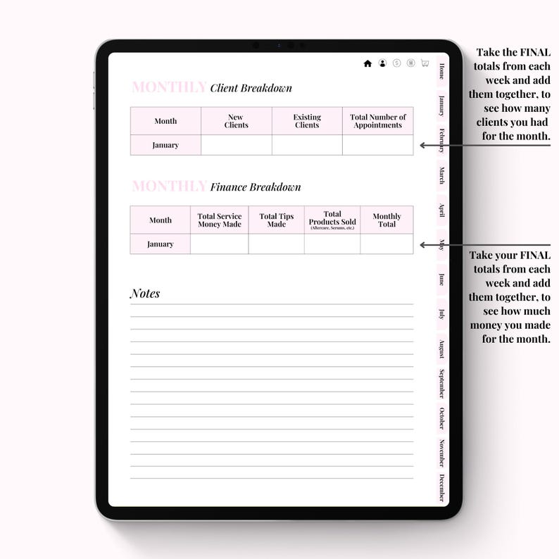 Op de afbeelding: Een digitale planner op een zwarte tablet. De planner heeft roze koppen voor "Client Breakdown" en "Finance Breakdown", met secties voor het bijhouden van afspraken, inkomsten en productverkopen. Instructies leggen uit hoe je wekelijkse cijfers optelt.