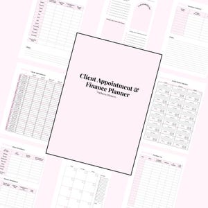 May include: A pink and white planner titled "Client Appointment & Finance Planner" with various sections for scheduling, finance tracking, and notes. The planner includes sections for weekly appointments, client breakdowns, and social media schedules.