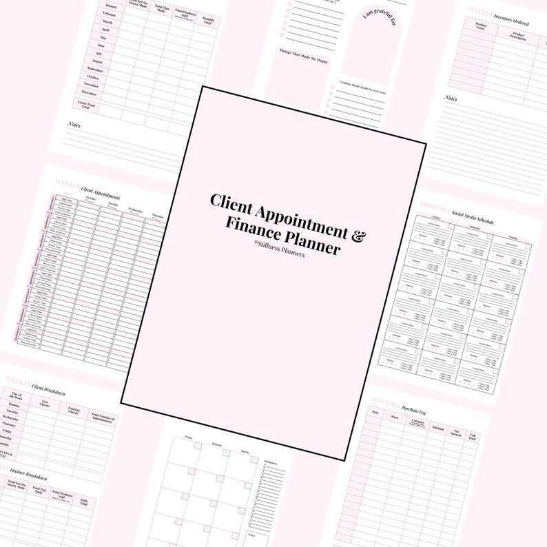 Op de afbeelding: Een roze en witte planner getiteld "Client Appointment & Finance Planner" met secties voor planning, financi&euml;le tracking en notities. De planner bevat wekelijkse afspraken, klantuitsplitsingen en social media schema's.