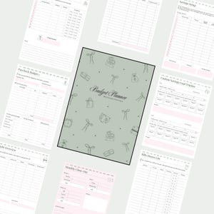 May include: A collection of printable budget planner pages. The central planner has a sage green cover with the words "Budget Planner" and small illustrations. Surrounding pages include sections for income, savings, debt, and monthly close-out.