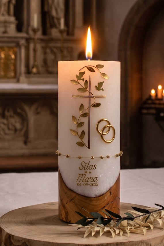 Hochzeitskerze personalisiert Holzkerze edles Design Handarbeit Kerze Holz Hochzeit - Silas und Mara