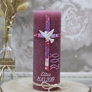 Baptismal candle rustic ELISA with cross, dove, fish and waves