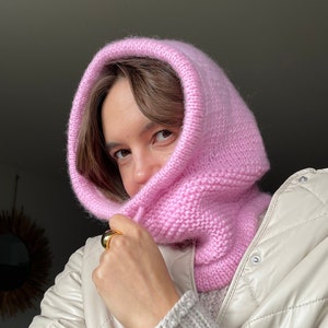 Angora balaclava (light neon pink) open face cover. Wool hat, fluffy knitted hood, bonnet. Fluffy knit hood.