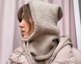 Angora balaclava (dark beige or one of 9 colors) open face cover. Wool hat, fluffy knitted hood, bonnet. Fluffy knit hood.