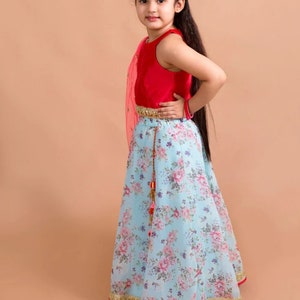 Girls Red & Blue Floral Lehenga choli set. Baby lehenha,lehenga for babies, designer dress for girls,lehenga Indian wear for girls. image 4