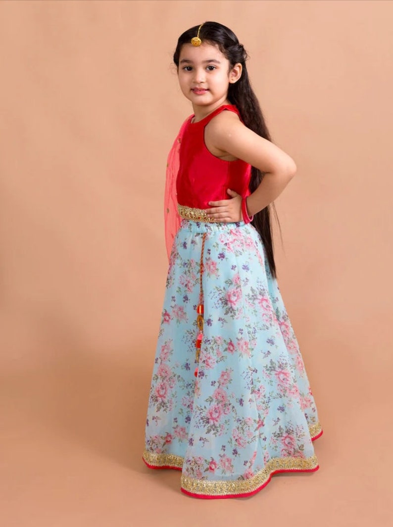 Girls Red & Blue Floral Lehenga choli set. Baby lehenha,lehenga for babies, designer dress for girls,lehenga Indian wear for girls. image 4