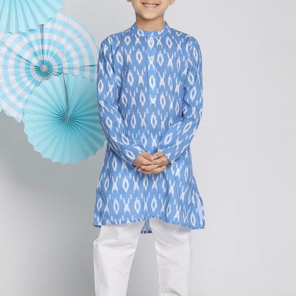 Boys Blue Cream coloured Floral printed kurta with pyjamas.Boys Kurta Pajama casual comfort wear /festival wear Indian Ethnic