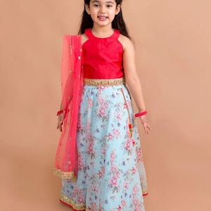 Girls Red & Blue Floral Lehenga choli set. Baby lehenha,lehenga for babies, designer dress for girls,lehenga Indian wear for girls. image 1