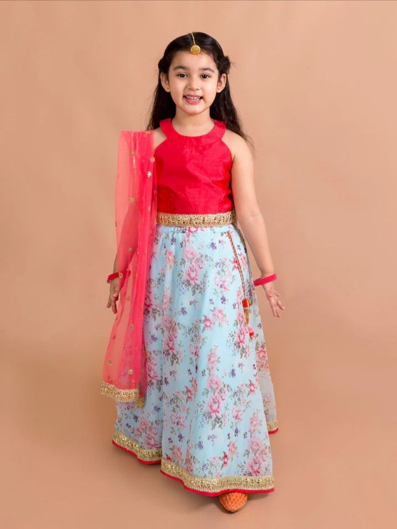 Girls Red & Blue Floral Lehenga choli set. Baby lehenha,lehenga for babies, designer dress for girls,lehenga Indian wear for girls. image 1