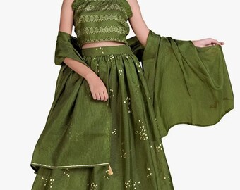 MIRROW TRADE Girls Mehendi Kota Doria Foil Printed Readymade Lehenga Choli And Dupatta Set