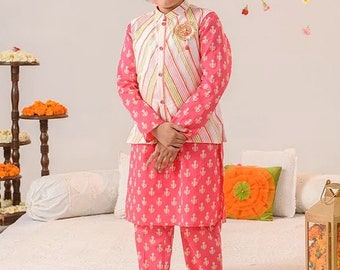 Boys Kurta Set - Pink Printed Kurta with Pyjamas & Jacket, Boys Wedding Outfit, Toddler Wedding Suit, Kids Indian Clothing, Indian Weddings