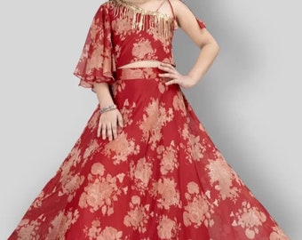 Prêt-à-porter filles Lehenga choli western wear floral imprimé Lehenga & Crop top red.designer dress, Indian kid's dress, Indian kid's dress