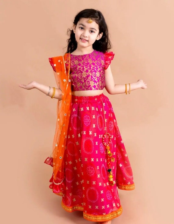 Girls Pink Orange Toned Embroidered Ready to Wear Lehenga