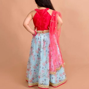 Girls Red & Blue Floral Lehenga choli set. Baby lehenha,lehenga for babies, designer dress for girls,lehenga Indian wear for girls. image 5