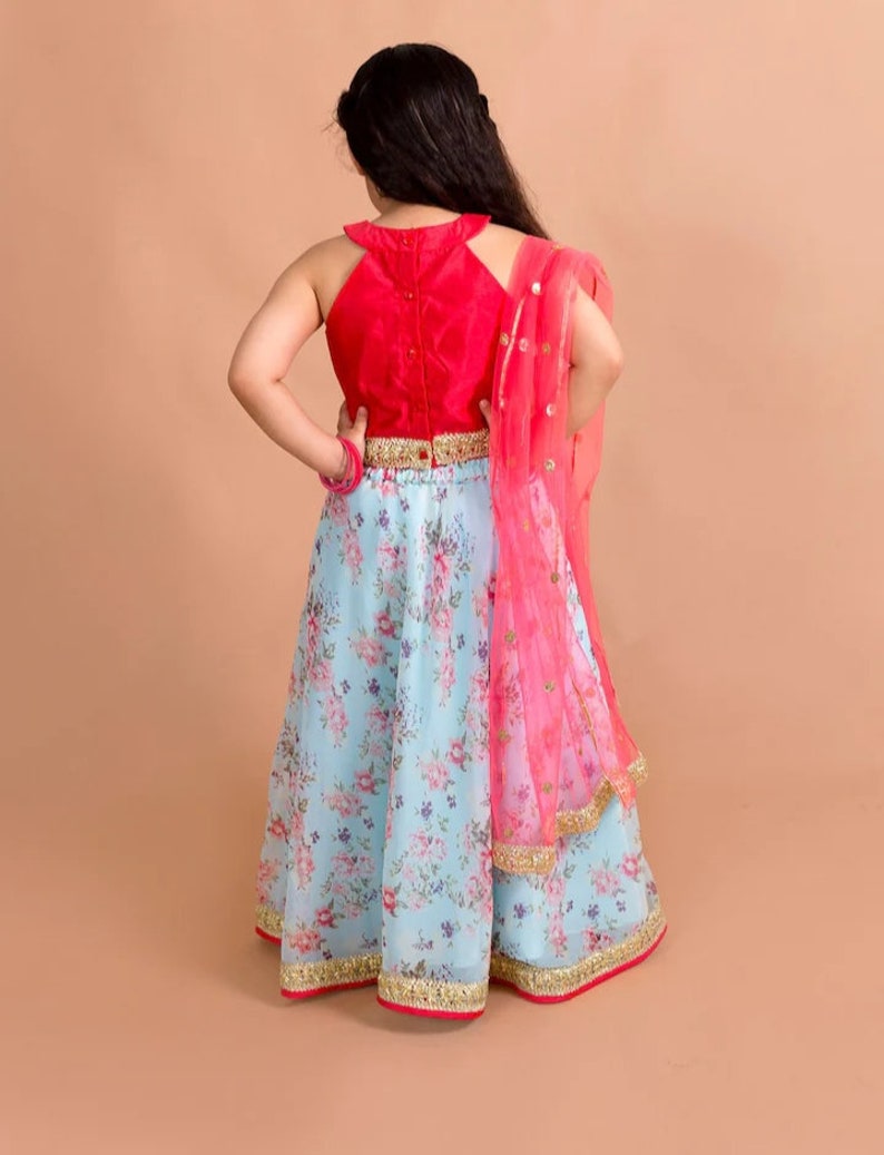 Girls Red & Blue Floral Lehenga choli set. Baby lehenha,lehenga for babies, designer dress for girls,lehenga Indian wear for girls. image 5