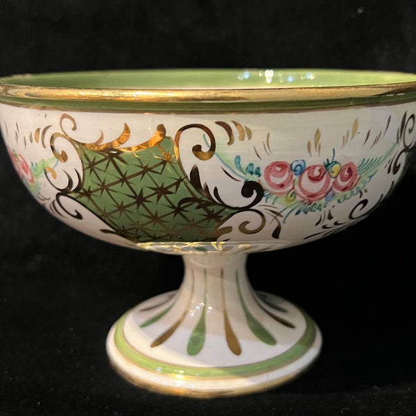 Très Beau Bol En Céramique Sur Piédestal – Motif Tulipe – Doré à L'Or – Occasion
