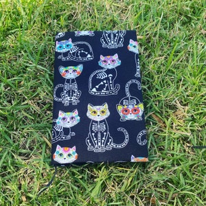Small Skeleton Cats Adjustable book cover - Fabric book cover - Adjustable book jacket - Fabric book sleeve - Halloween - Day of the Dead