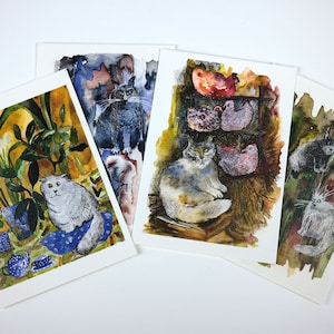 Set of 4 Postcard Cats-- Watercolor postcard -- Cute animal Art Card-- A6 illustration Art Card-- CAT Mini print