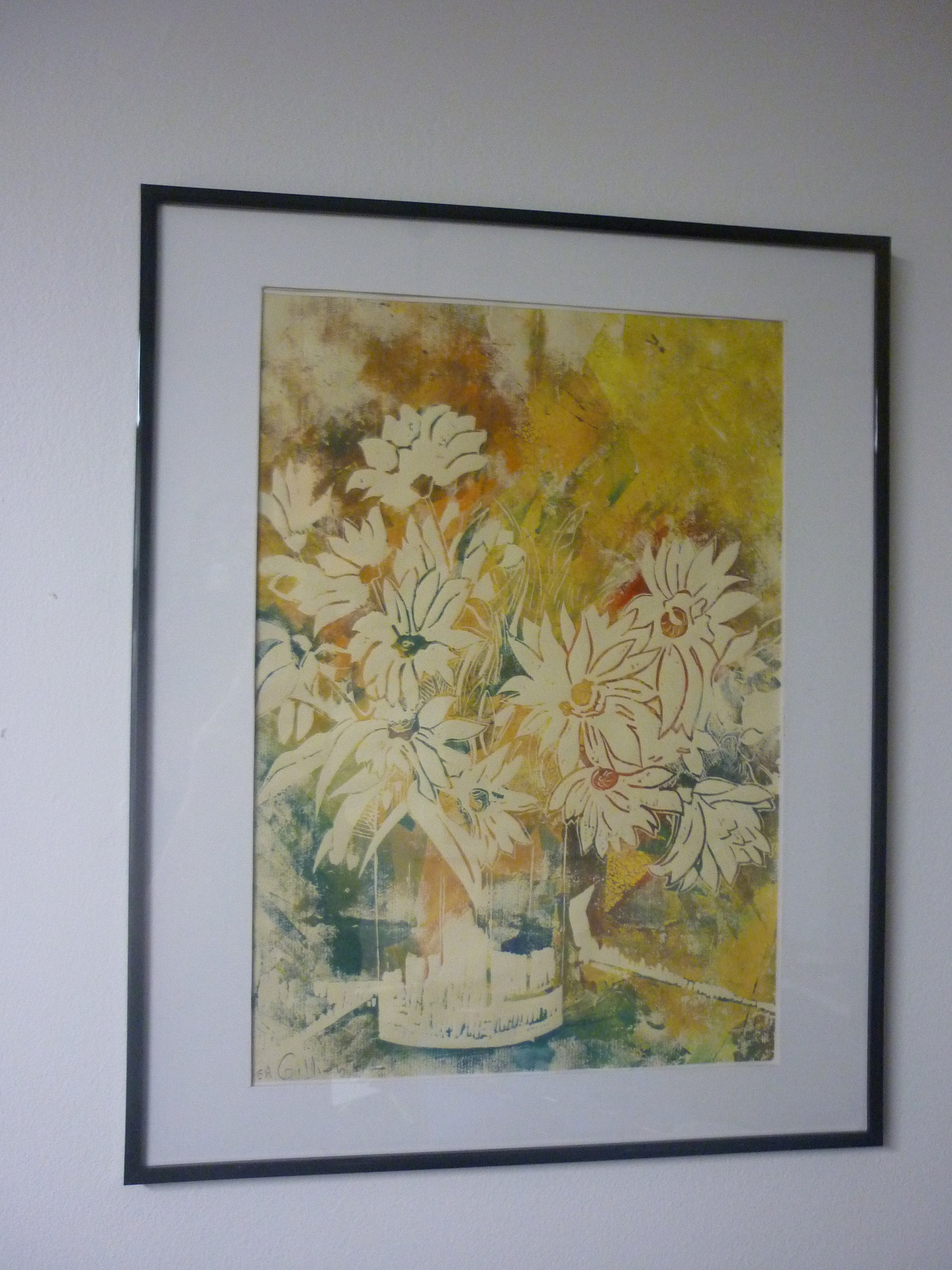 Epreuve Artiste Linogravure Composition Florale