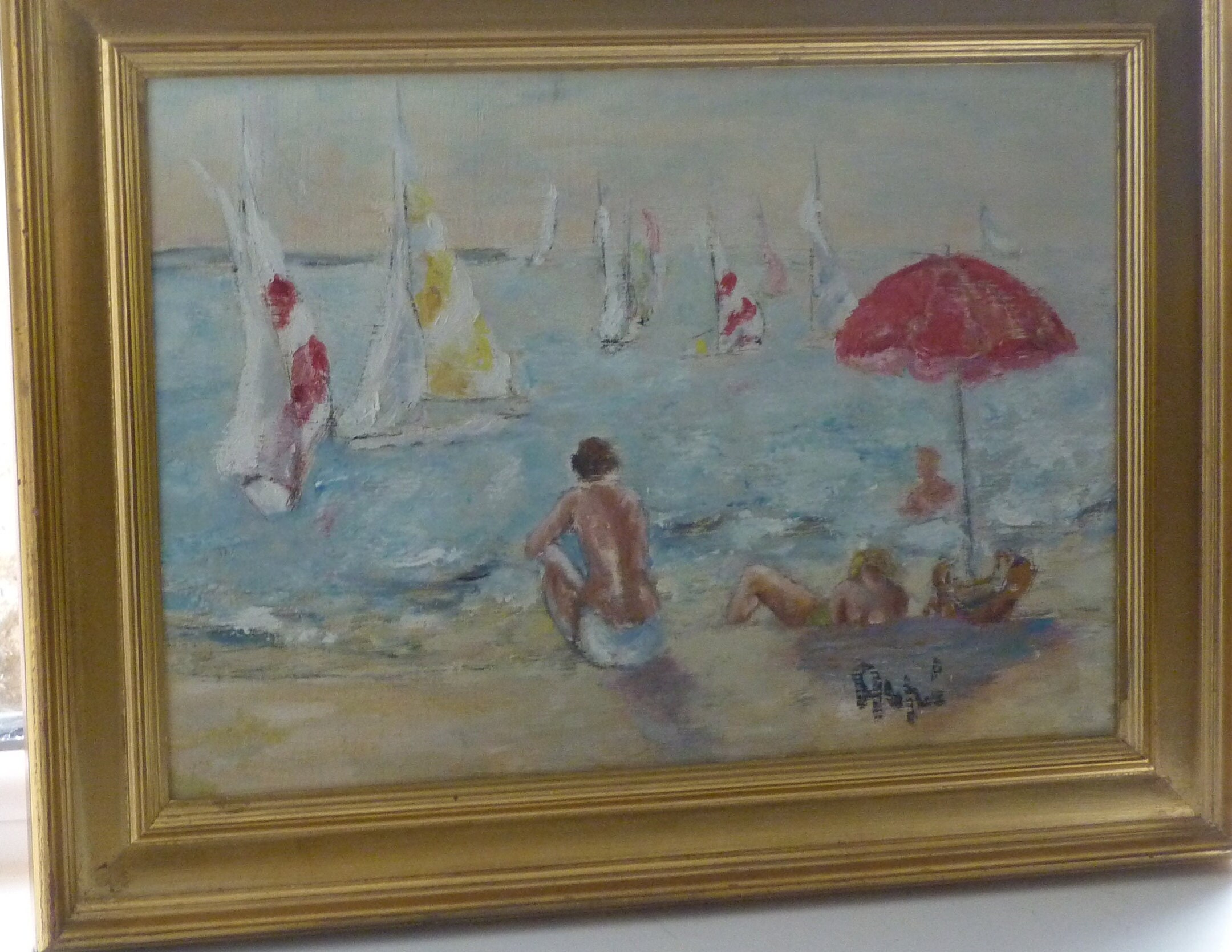 Peinture Vintage à L'huile Encadrée Les Baigneuses Au Bord de Mer d'aupré