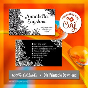 Hand Drawn Zentangle Inspired Business Cards / DIY Editable and Printable / Artsy, Unique, Bohemian, Black and White