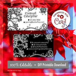 Hand Drawn Zentangle Inspired Business Cards / DIY Editable and Printable / Artsy, Unique, Bohemian, Black and White