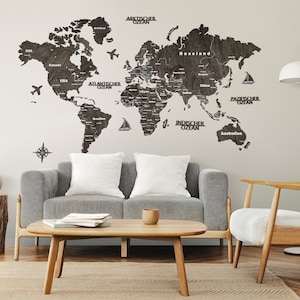 3D-Holz Weltkarte 150 x 90 cm Grau auf Deutsch | Wandbehang | Wanddeko | Geschenkidee | Weihnachtsgeschenk