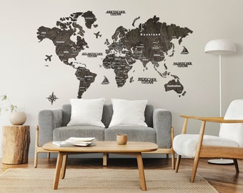 3D-Holz Weltkarte 150 x 90 cm Grau auf Deutsch | Wandbehang | Wanddeko | Geschenkidee | Weihnachtsgeschenk