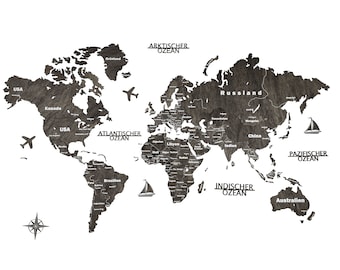 3D wooden world map 150 x 90 cm gray in German | Wall hanging | Wall decoration | Gift idea | Christmas gift