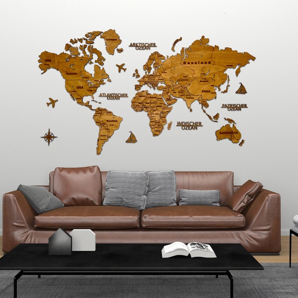 3D-Holz Weltkarte 150 x 90 cm einfarbig auf Deutsch | Wandbehang | Wanddeko | Geschenkidee | Weihnachtsgeschenk