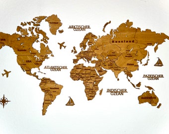 3D wooden world map 150 x 90 cm, plain in German | Wall hanging | Wall decoration | Gift idea | Christmas present