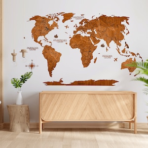 Detaillierte 3D-Holz Weltkarte 160 x 100 cm einfarbig auf Deutsch | Wandbehang | Wanddeko | Geschenkidee | Weihnachtsgeschenk