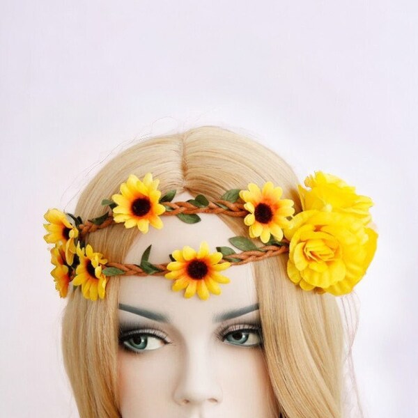 Sunflower Floral Crown Headband, Party Festival Wedding Flower Hairband, BOHO Bohemian Garland Headpiece